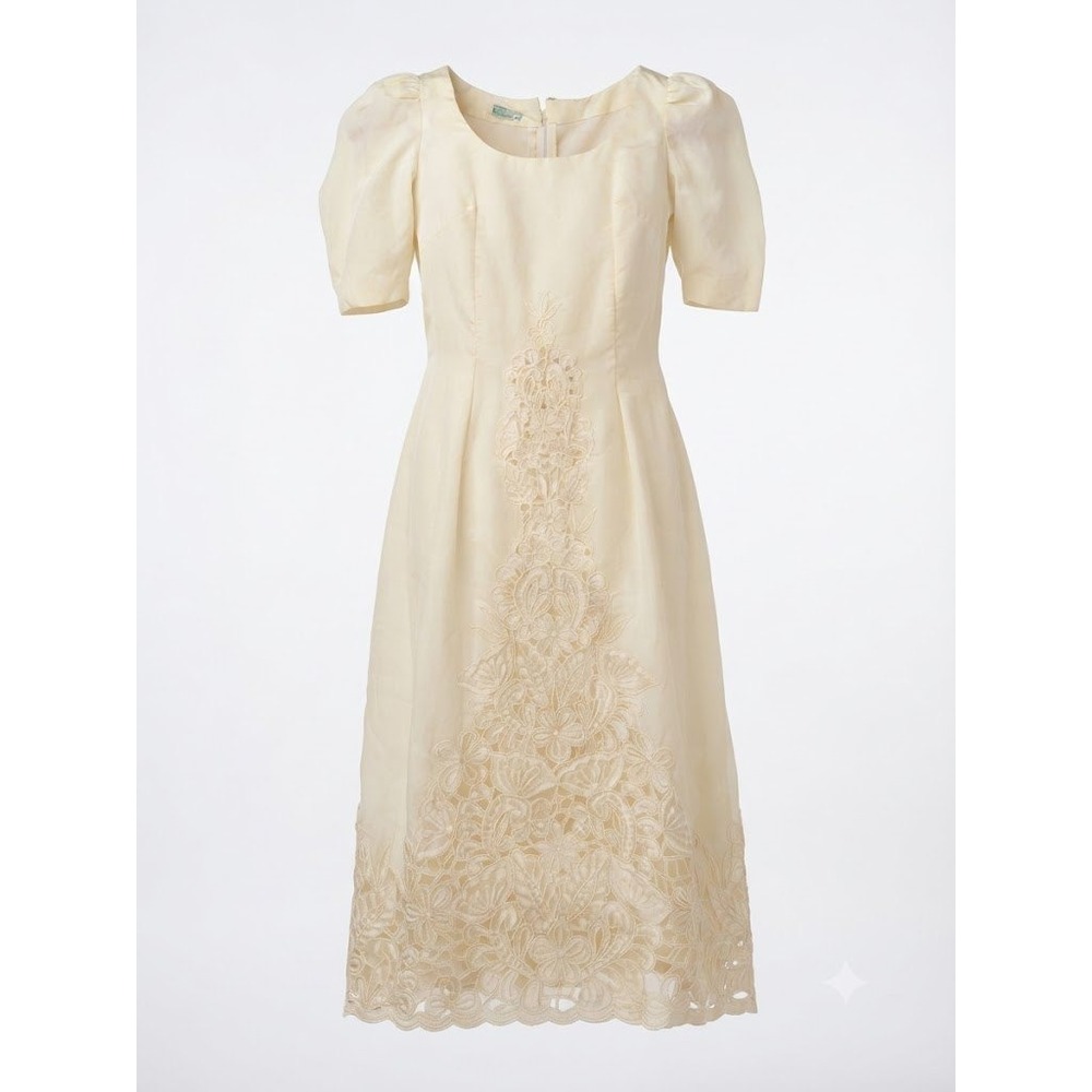 Tesoros Hand-Embroidered Cream Vintage Dress Artisanal Manila Bridal Midi